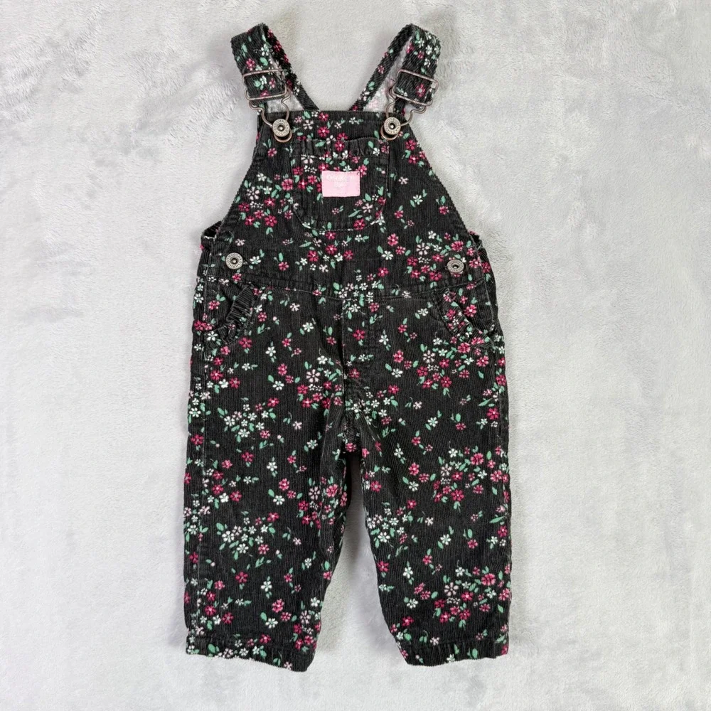 OshKosh B'gosh Overalls Kids 6 Months Black Floral Corduroy Bibs 896-0089